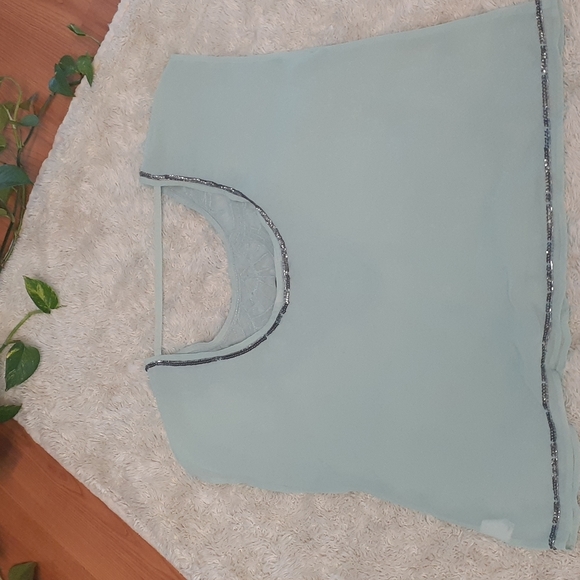 Decreed Sheer Bohemian Mint Beaded Sequined Low Scoop Back Flowy Feminine Top - Picture 4 of 5